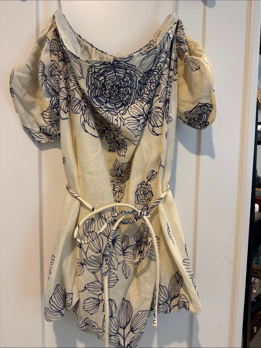 Alexis One-Shoulder Floral Tie-Waist Dress in Cream and Navy